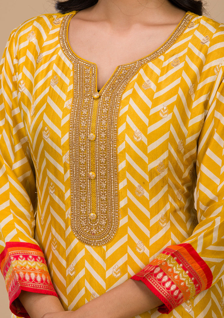 Mustard Yellow Soft Raw Silk Gold Zariwork Straight Kurta With Regular Pant And Dupatta