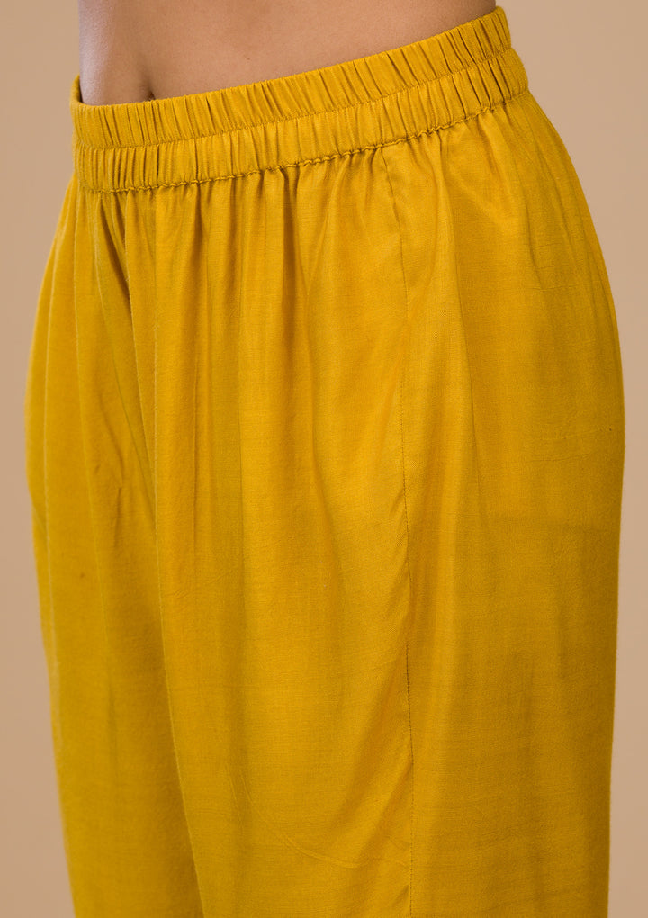 Mustard Yellow Soft Raw Silk Gold Zariwork Straight Kurta With Regular Pant And Dupatta