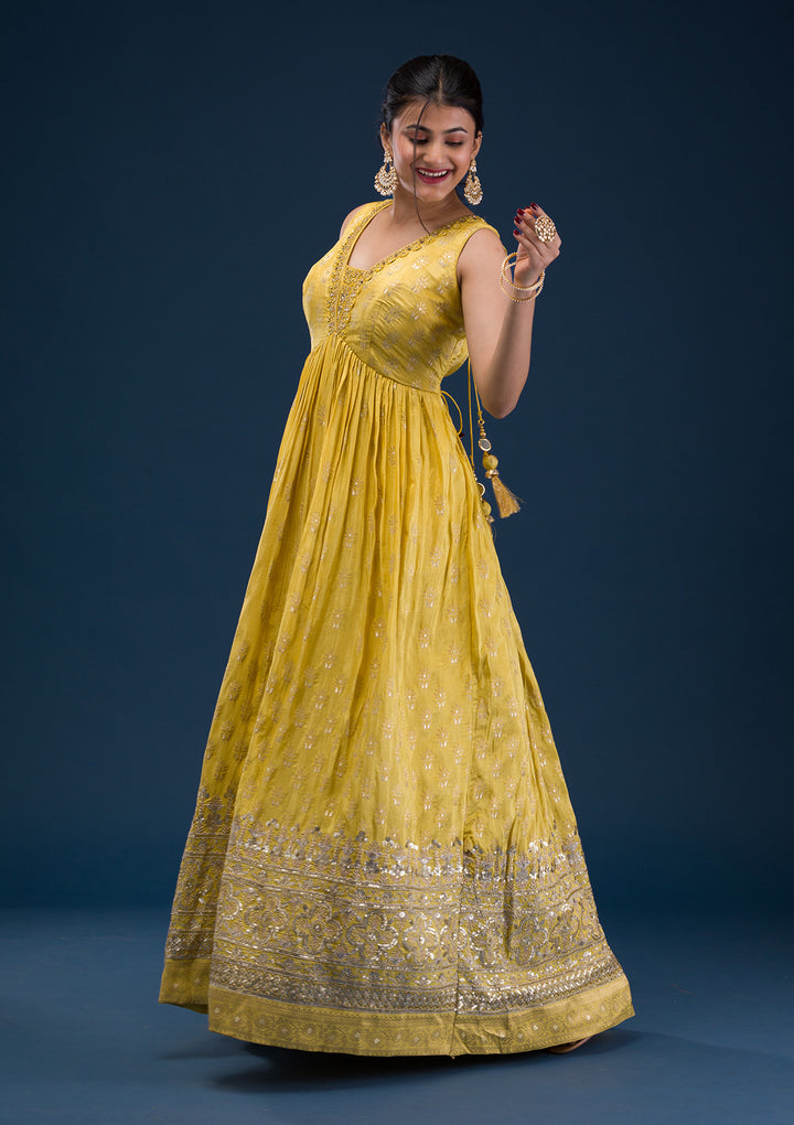 Mustard Zariwork Banarasi Readymade Salwar Suit