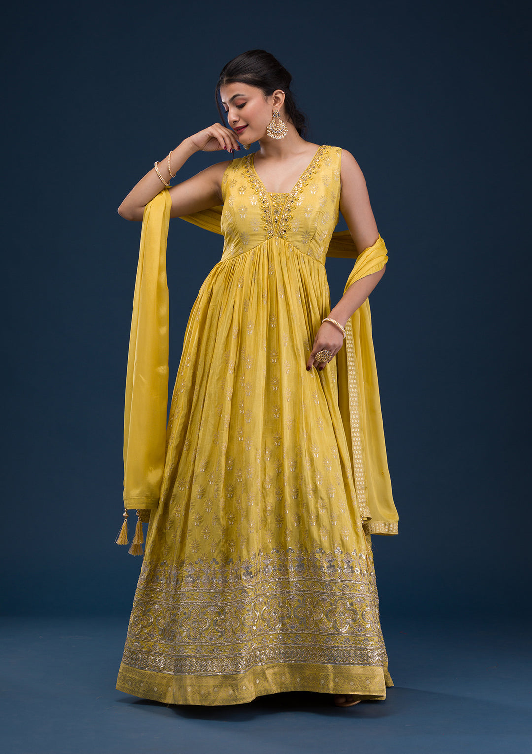 Mustard Zariwork Banarasi Readymade Salwar Suit