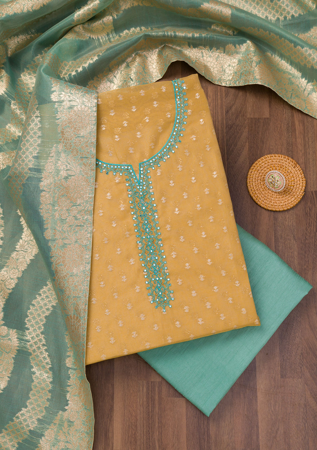 Mustard Yellow Chanderi Mirrorwork Unstitched Dress Material With Matching Bottom And Dupatta