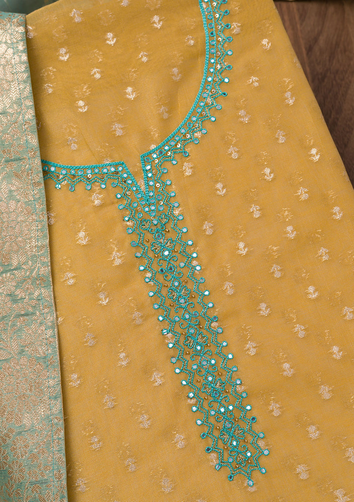 Mustard Yellow Chanderi Mirrorwork Unstitched Dress Material With Matching Bottom And Dupatta