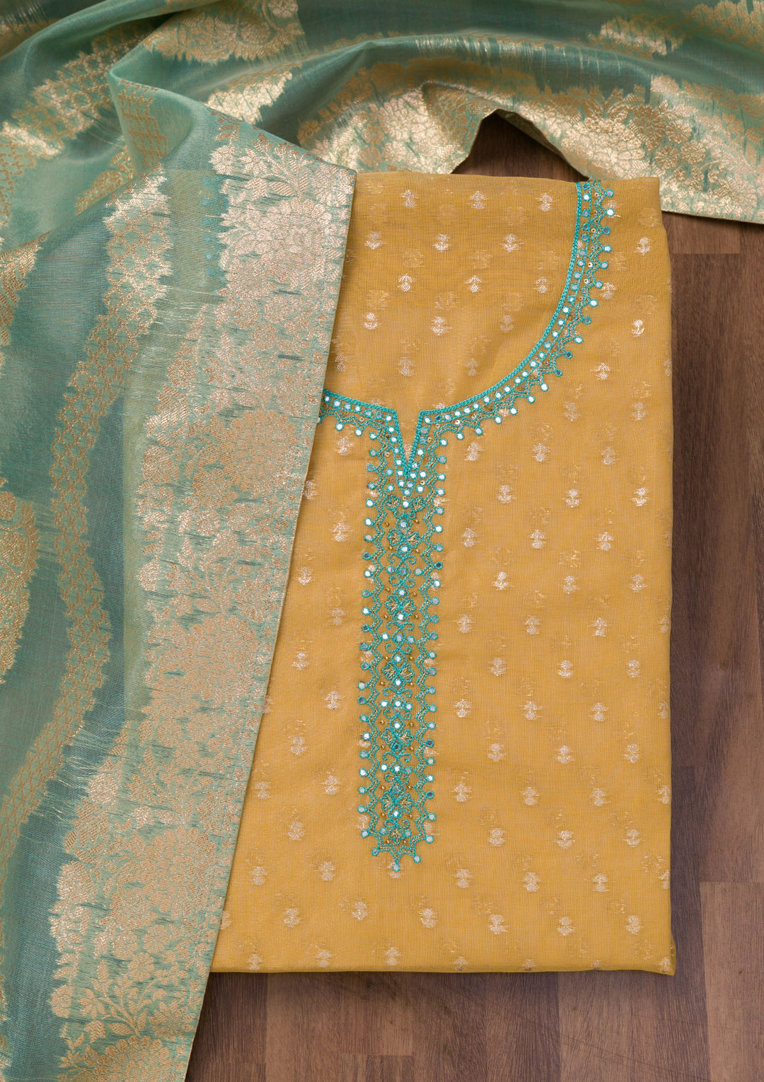 Mustard Yellow Chanderi Mirrorwork Unstitched Dress Material With Matching Bottom And Dupatta