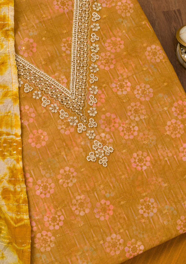 Mustard Zariwork Chanderi Unstitched Salwar Suit
