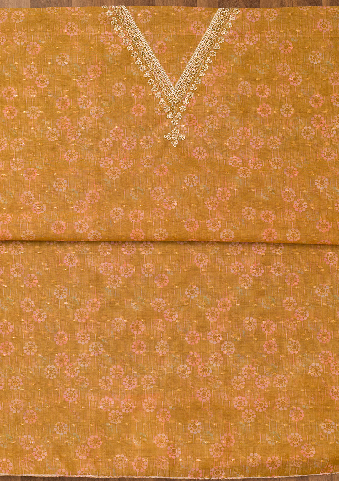 Mustard Zariwork Chanderi Unstitched Salwar Suit