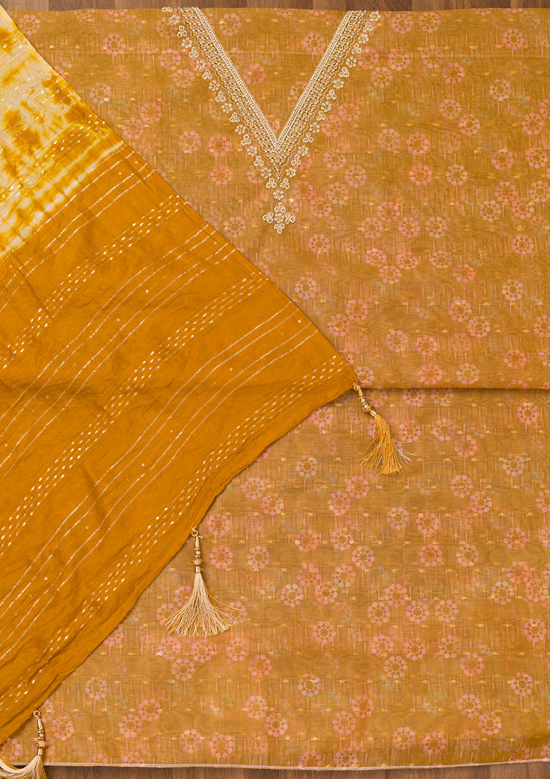 Mustard Zariwork Chanderi Unstitched Salwar Suit