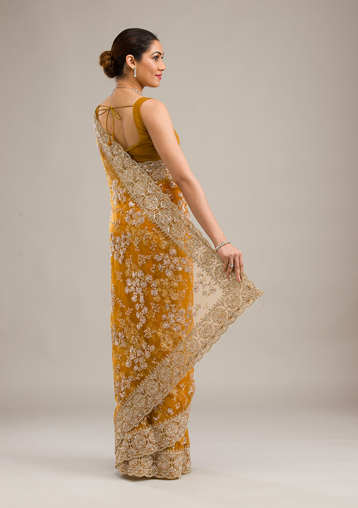 Koskii Net Golden Saree – Embellished with Zariwork