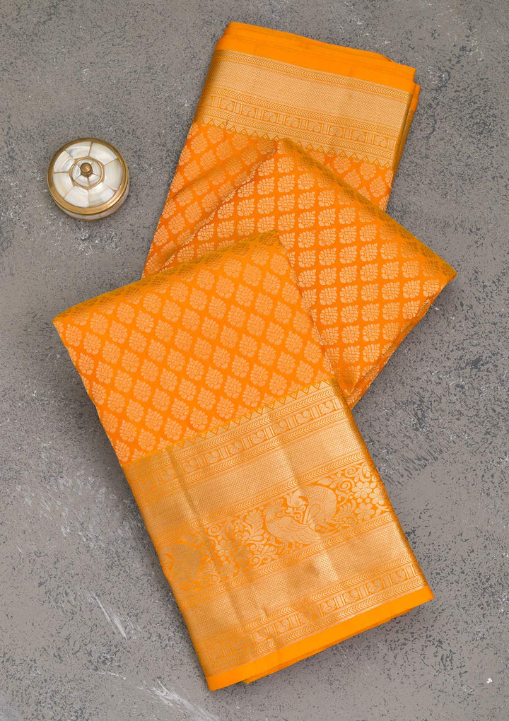 Mustard Silk Jaal Gold Zariwork Saree With Matching Blouse Piece