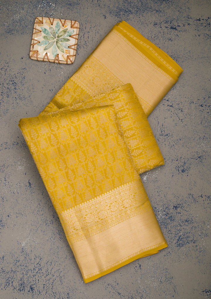 Mustard Pure Silk Jaal Zariwork Saree With Matching Blouse Piece