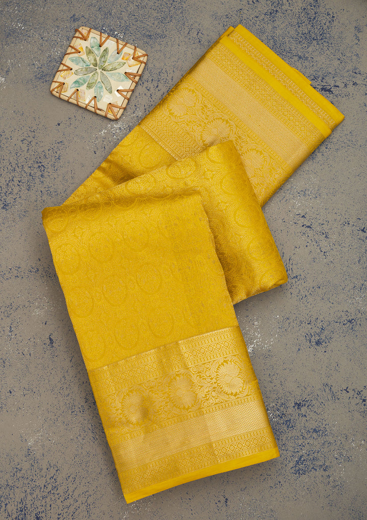 Mustard Silk Jaal Gold Zariwork Saree With Matching Blouse Piece