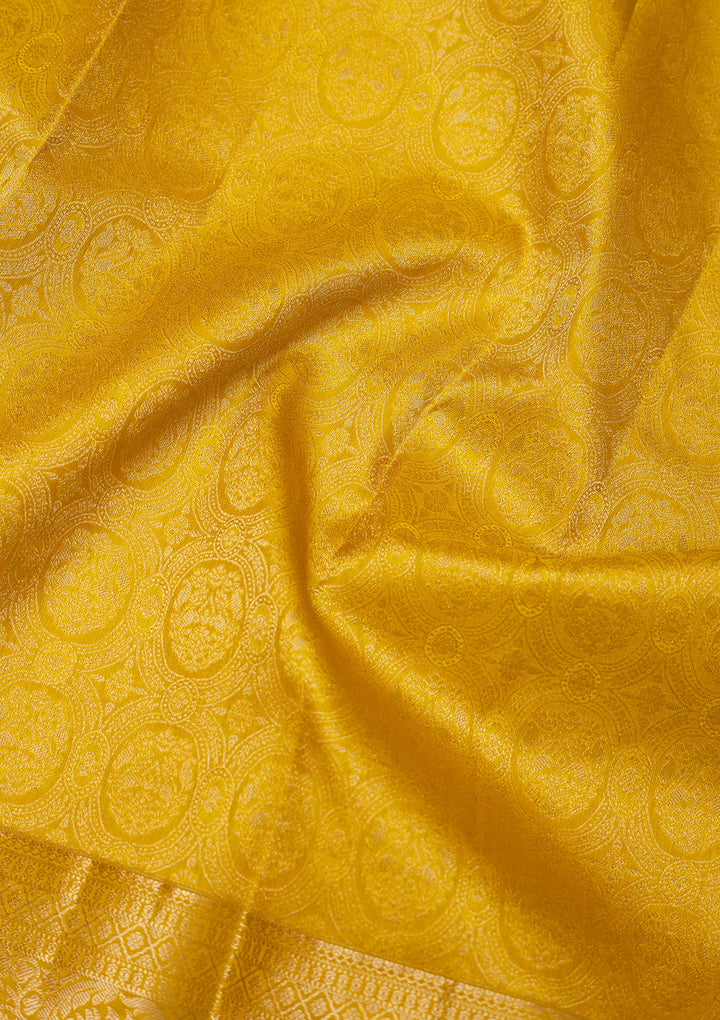 Mustard Silk Jaal Gold Zariwork Saree With Matching Blouse Piece