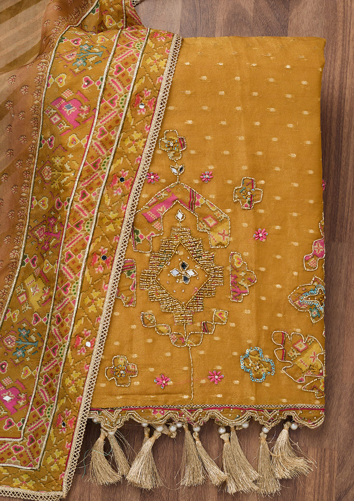 Mustard Yellow Crepe Cutdana Unstitched Dress Material With Matching Bottom And Dupatta