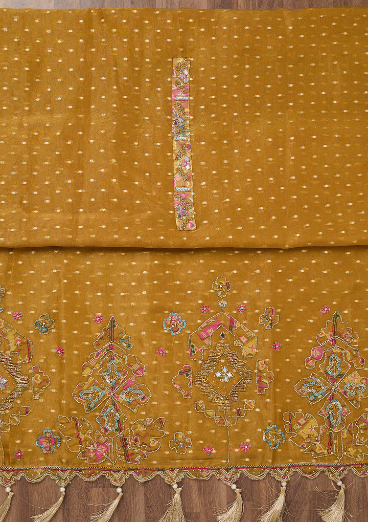 Mustard Yellow Crepe Cutdana Unstitched Dress Material With Matching Bottom And Dupatta