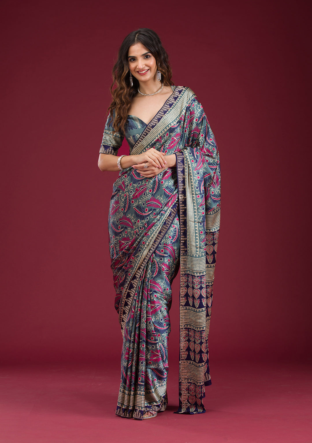 Navy Blue Satin Abstract Geometric Silver Stonework Saree With Matching Blouse Piece