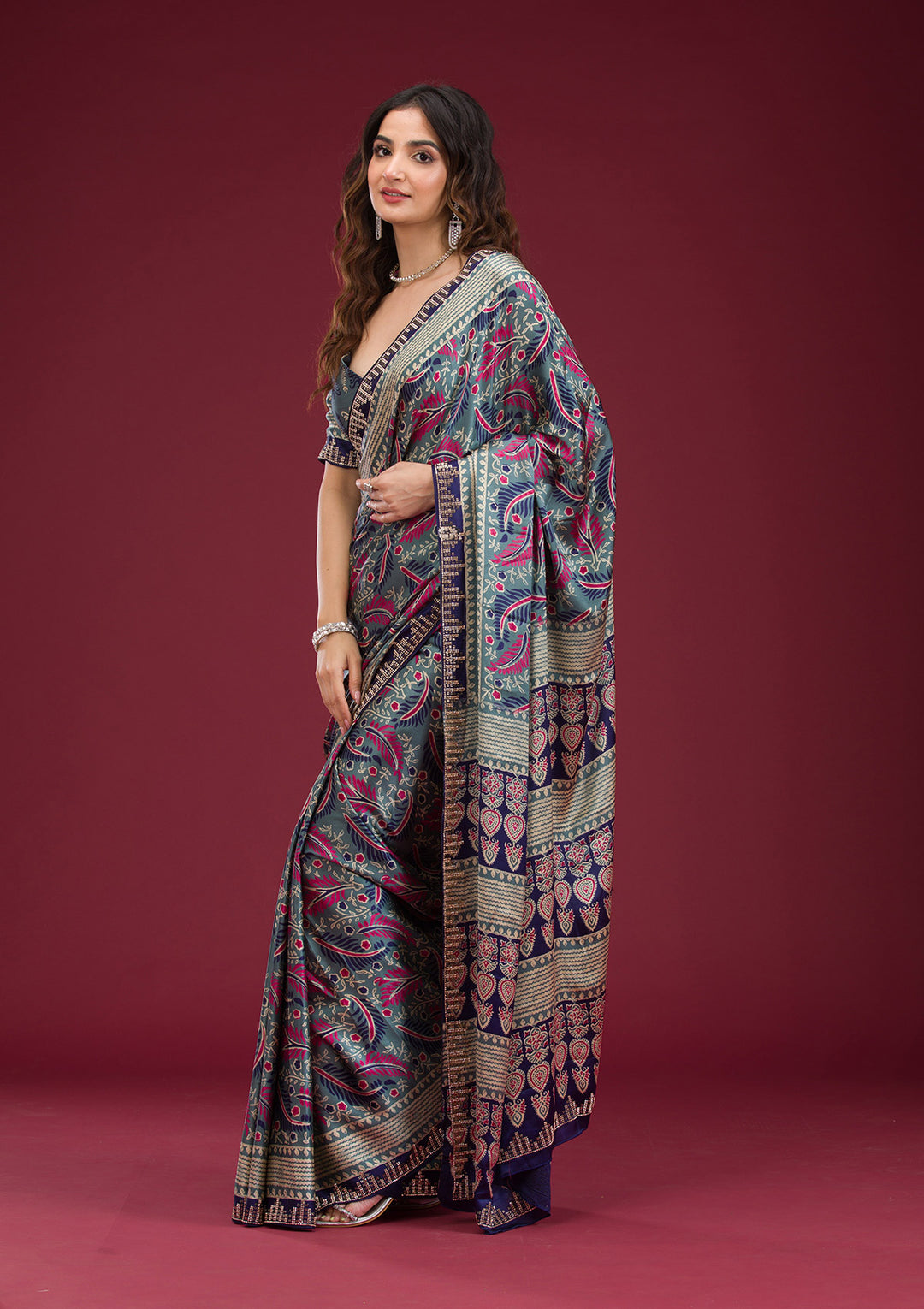 Navy Blue Satin Abstract Geometric Silver Stonework Saree With Matching Blouse Piece