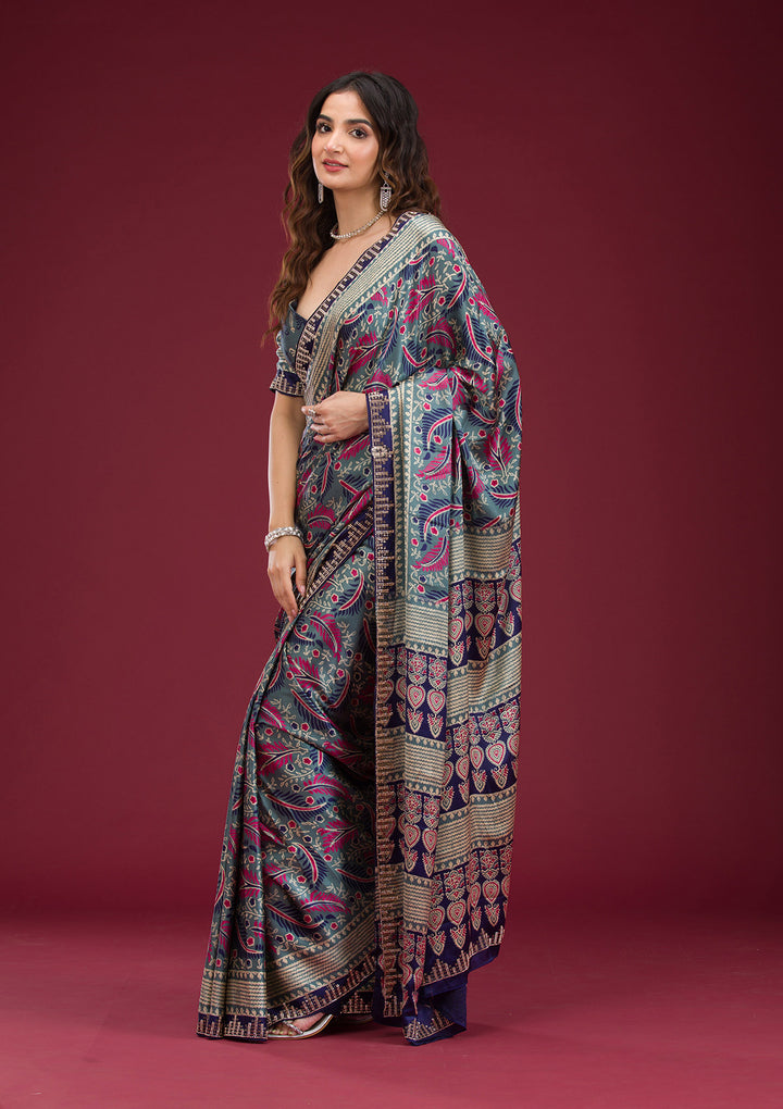 Navy Blue Satin Abstract Geometric Silver Stonework Saree With Matching Blouse Piece