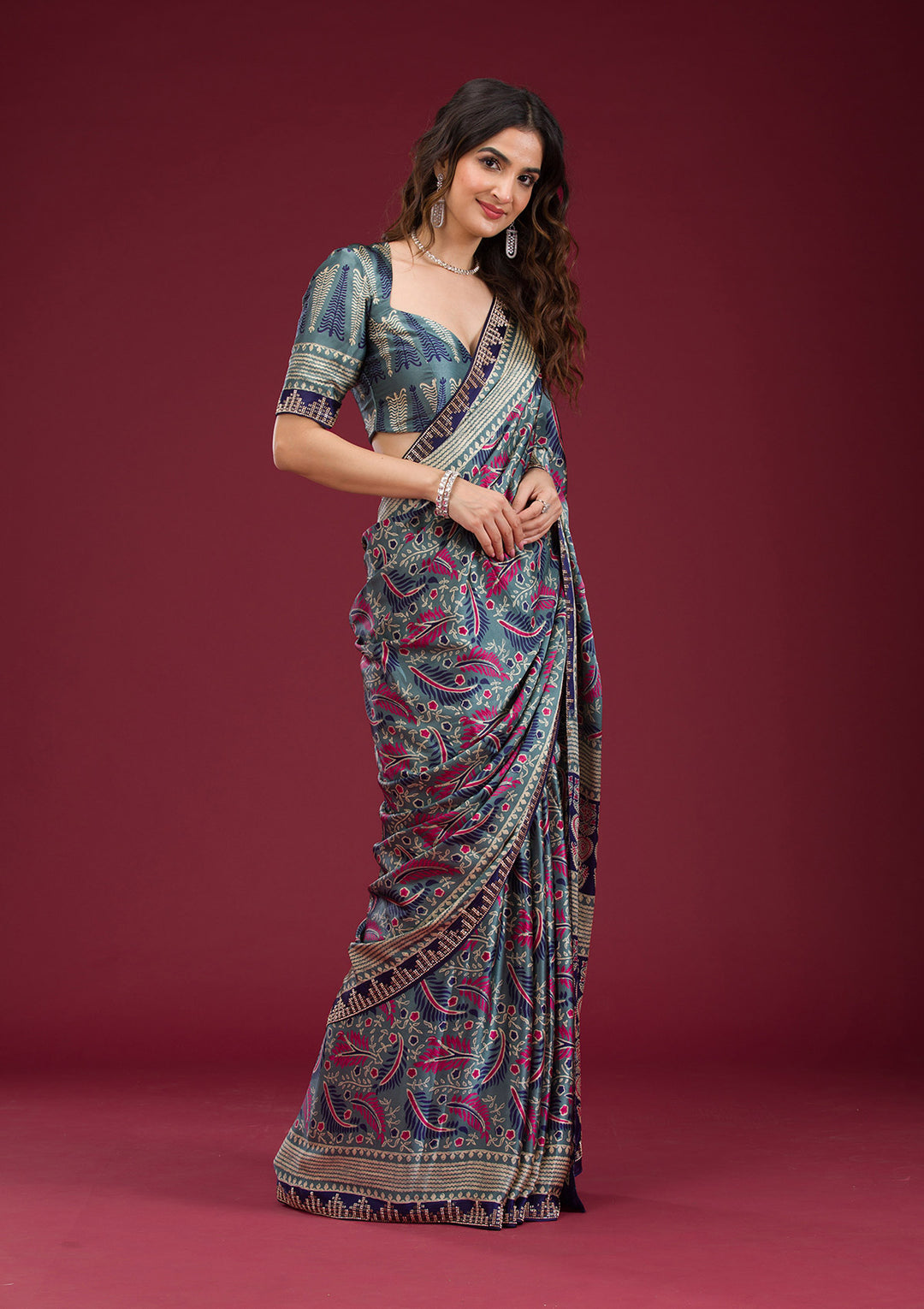 Navy Blue Satin Abstract Geometric Silver Stonework Saree With Matching Blouse Piece