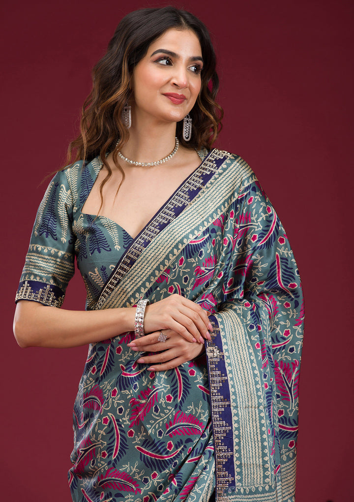 Navy Blue Satin Abstract Geometric Silver Stonework Saree With Matching Blouse Piece
