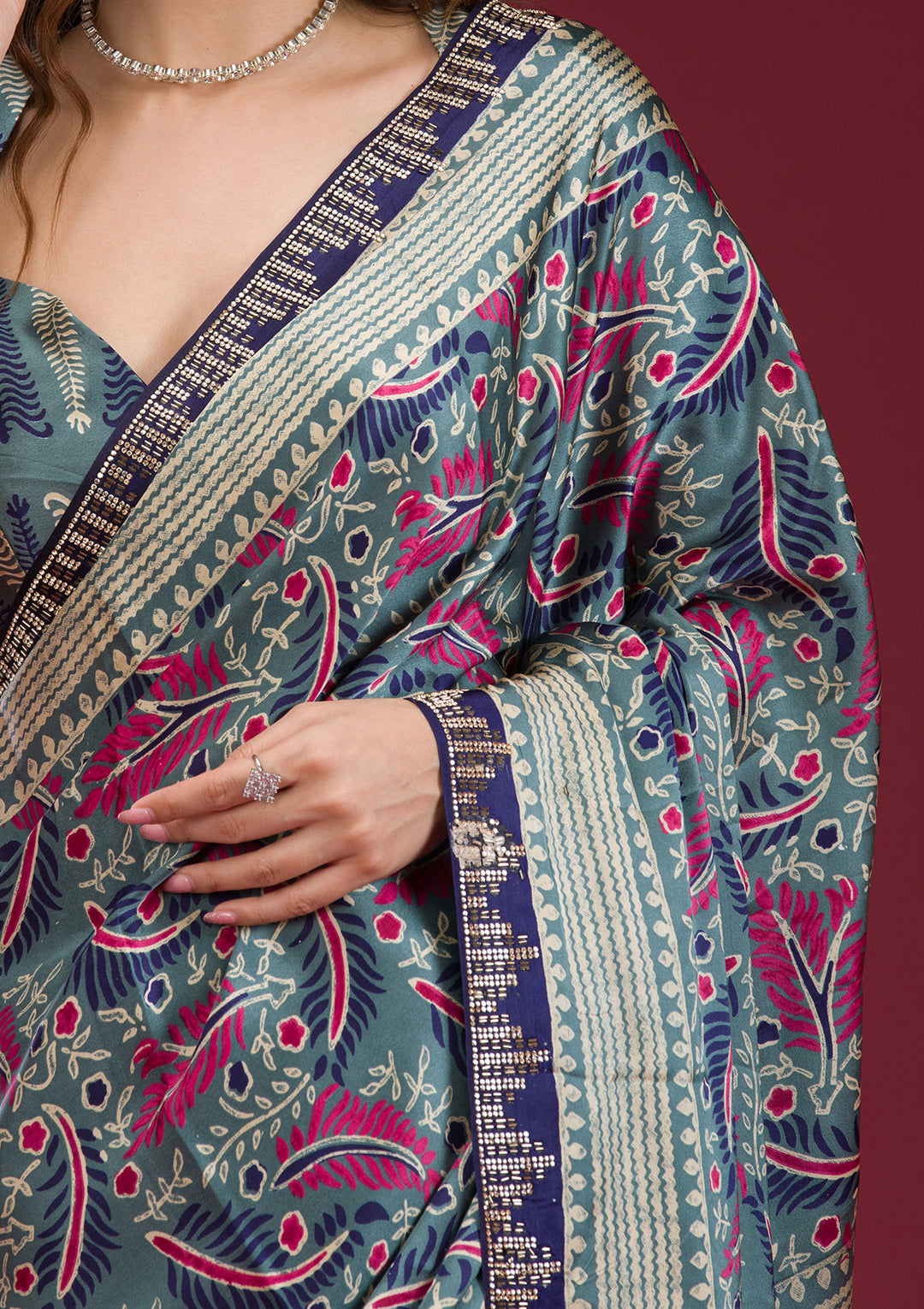 Navy Blue Satin Abstract Geometric Silver Stonework Saree With Matching Blouse Piece