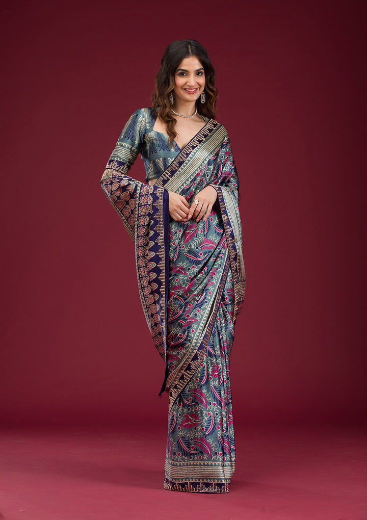 Navy Blue Satin Abstract Geometric Silver Stonework Saree With Matching Blouse Piece