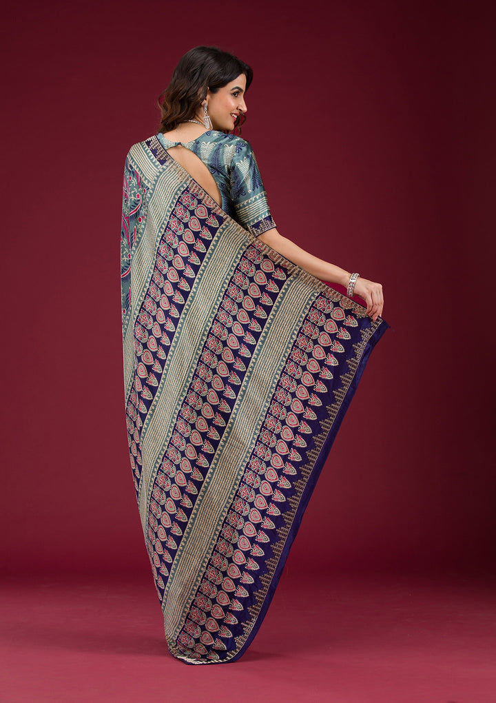 Navy Blue Satin Abstract Geometric Silver Stonework Saree With Matching Blouse Piece