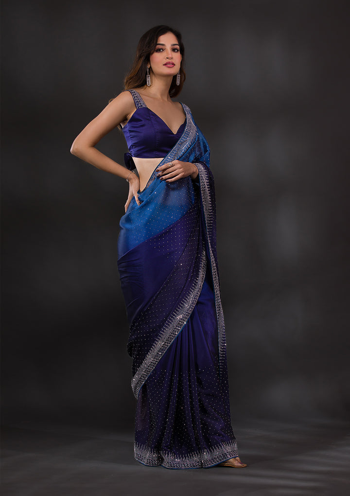 Navy Blue Satin Silver Stonework Saree With Matching Blouse Piece