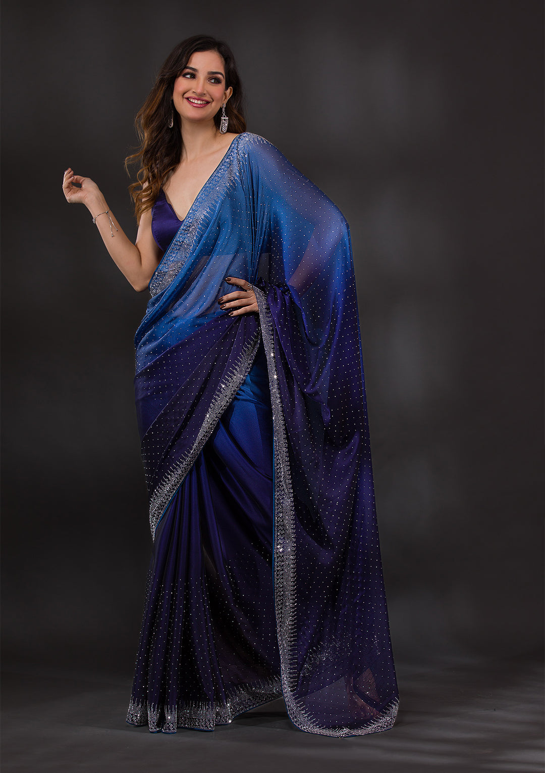 Navy Blue Satin Silver Stonework Saree With Matching Blouse Piece