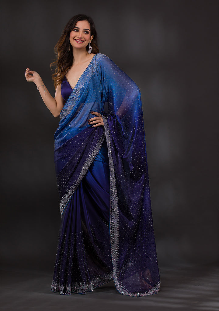 Navy Blue Satin Silver Stonework Saree With Matching Blouse Piece