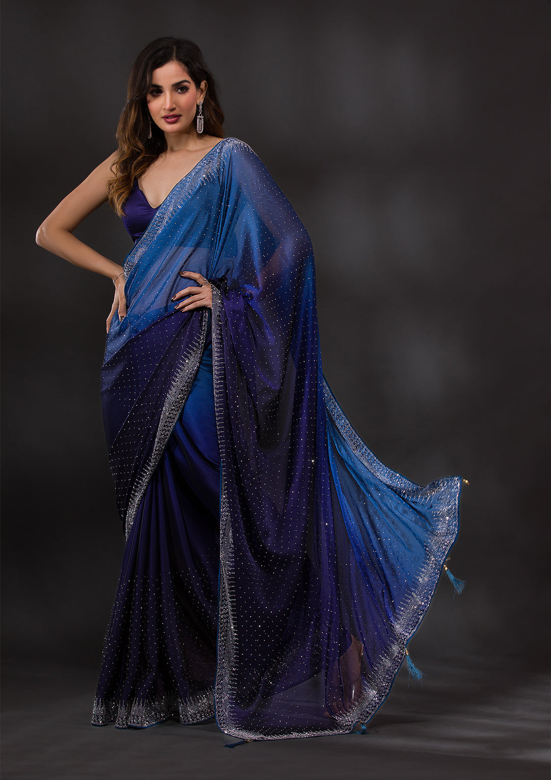 Navy Blue Satin Silver Stonework Saree With Matching Blouse Piece