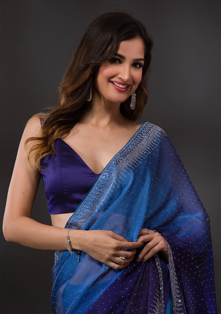 Navy Blue Satin Silver Stonework Saree With Matching Blouse Piece