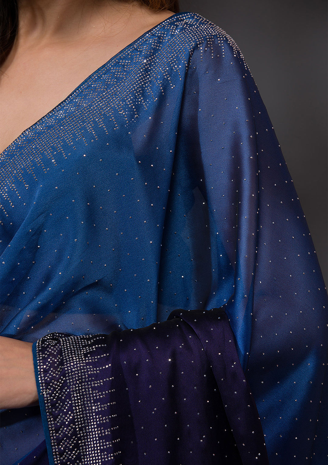 Navy Blue Satin Silver Stonework Saree With Matching Blouse Piece