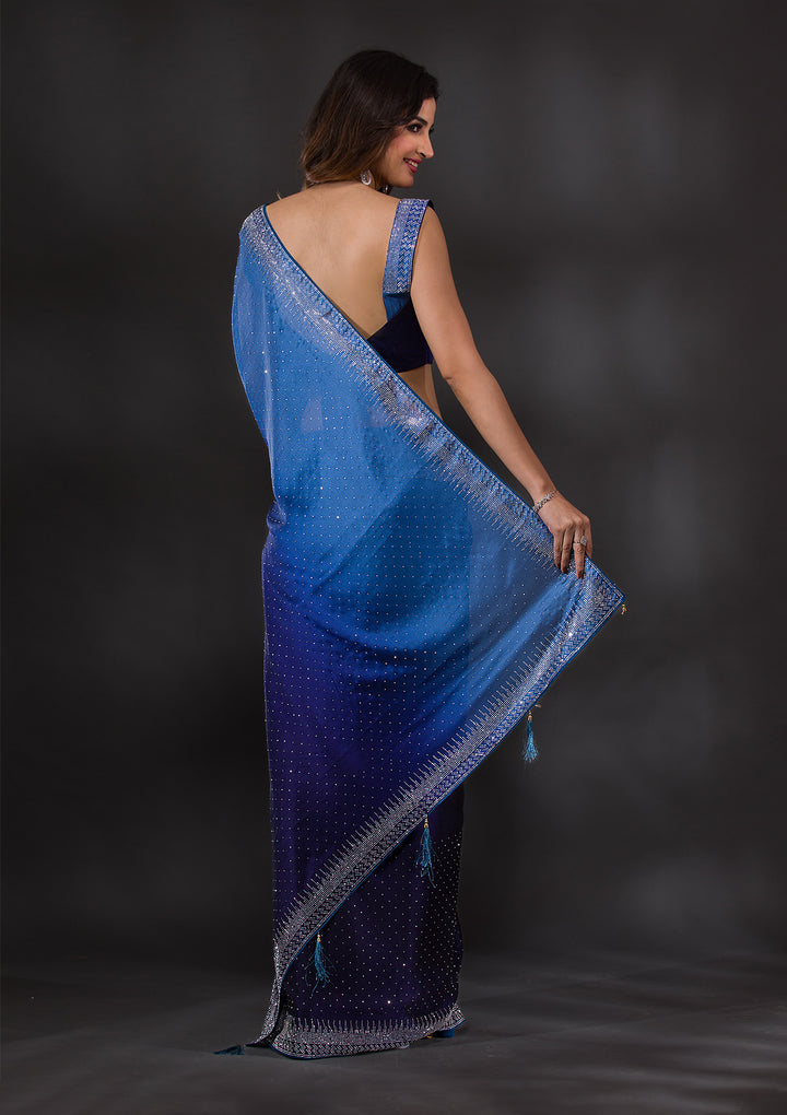 Navy Blue Satin Silver Stonework Saree With Matching Blouse Piece