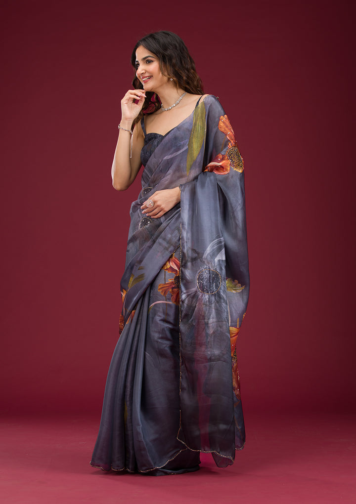Koskii Organza Grey Saree with Cutdana Embroidery – Elegant Evening Wear
