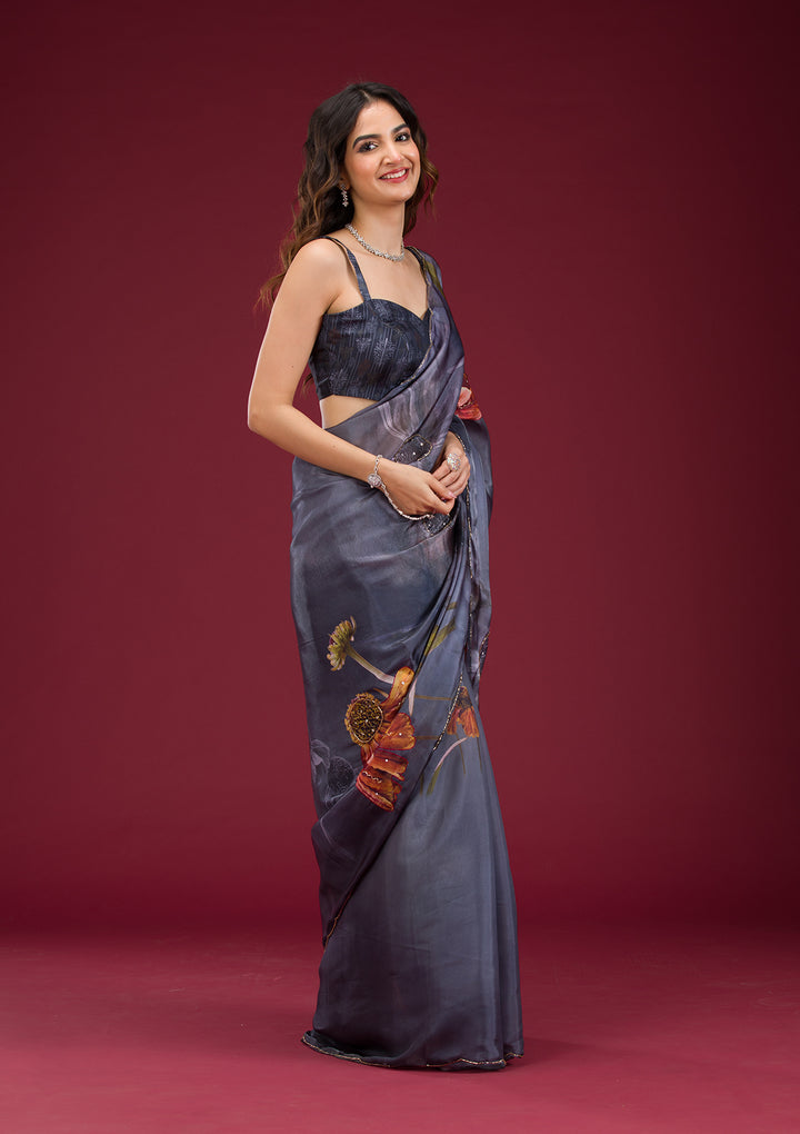 Koskii Organza Grey Saree with Cutdana Embroidery – Elegant Evening Wear