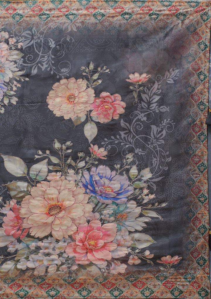 Koskii Organza Grey Saree with Cutdana Embroidery – Elegant Evening Wear
