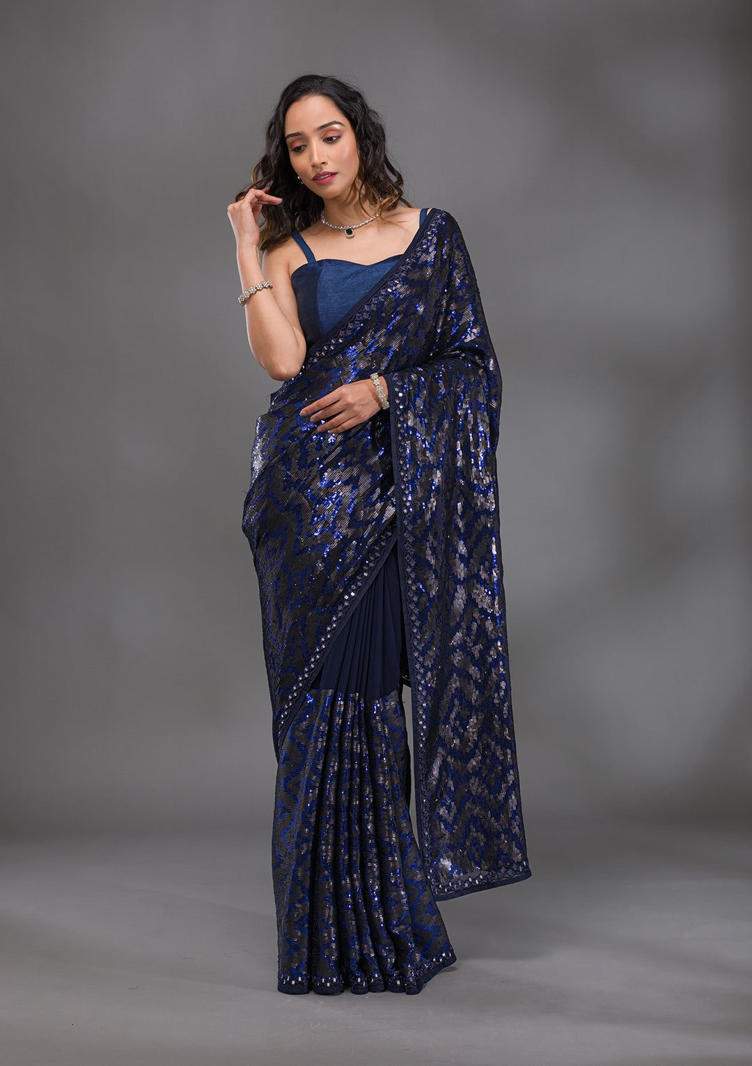 Navy Blue Georgette Sequins Saree With Matching Blouse Piece