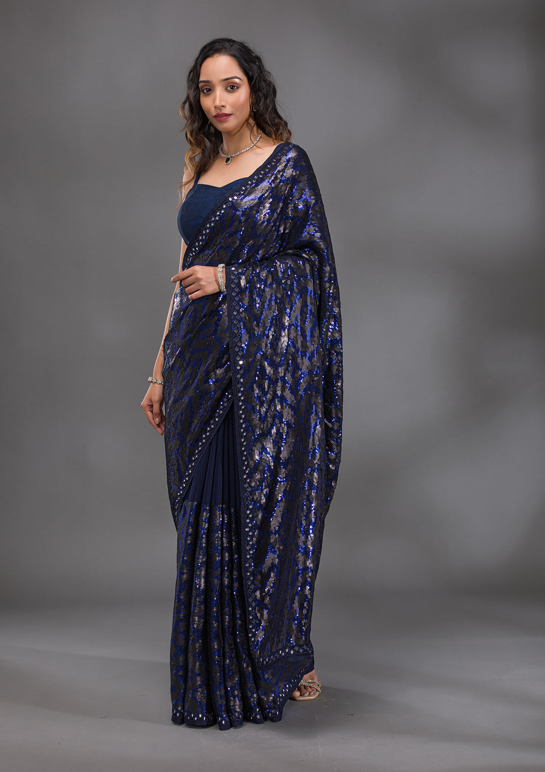 Navy Blue Georgette Sequins Saree With Matching Blouse Piece