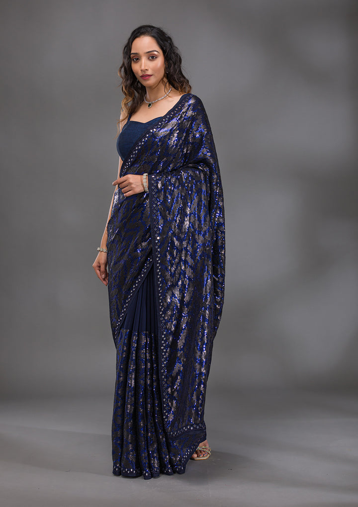 Navy Blue Georgette Sequins Saree With Matching Blouse Piece