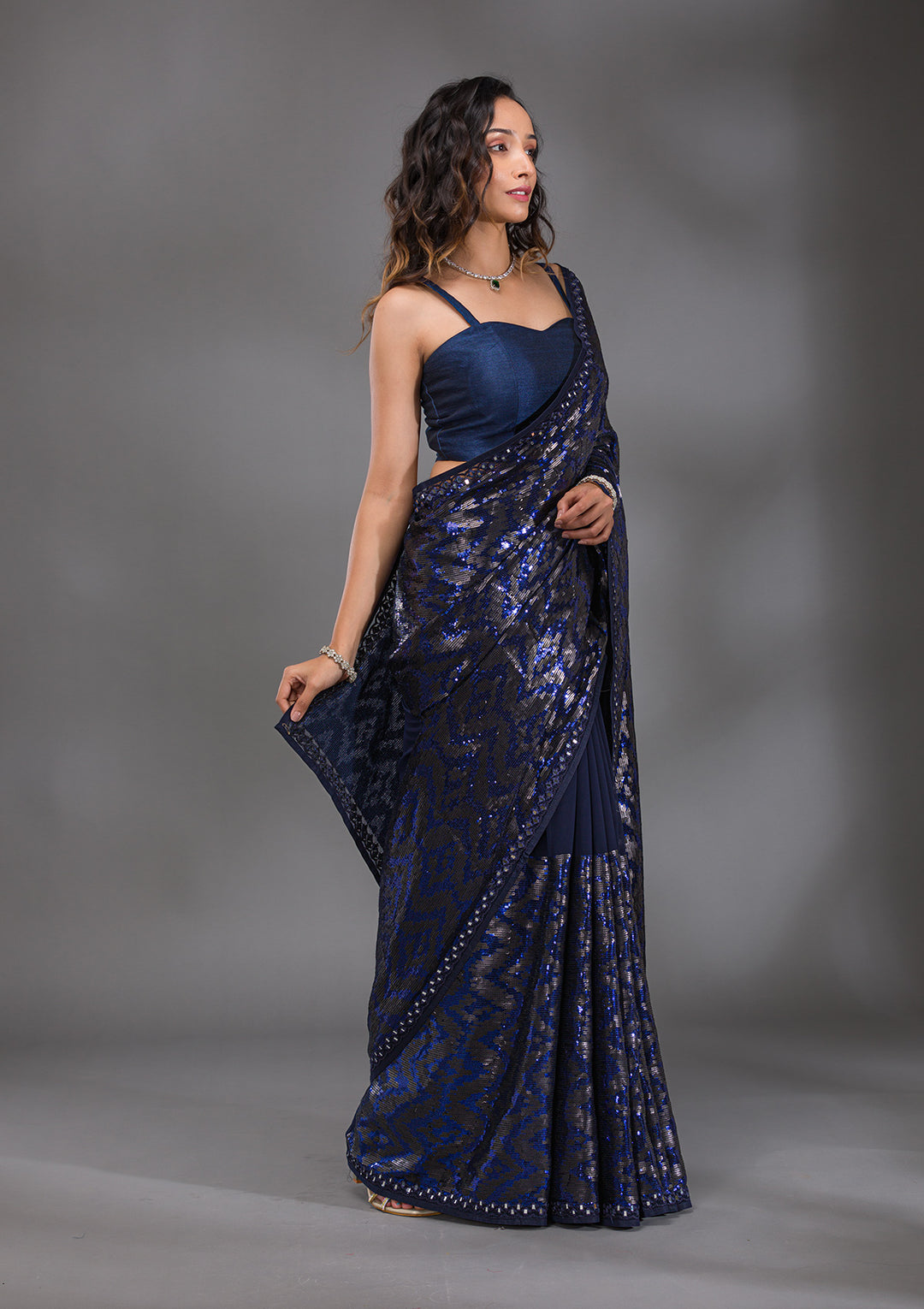 Navy Blue Georgette Sequins Saree With Matching Blouse Piece