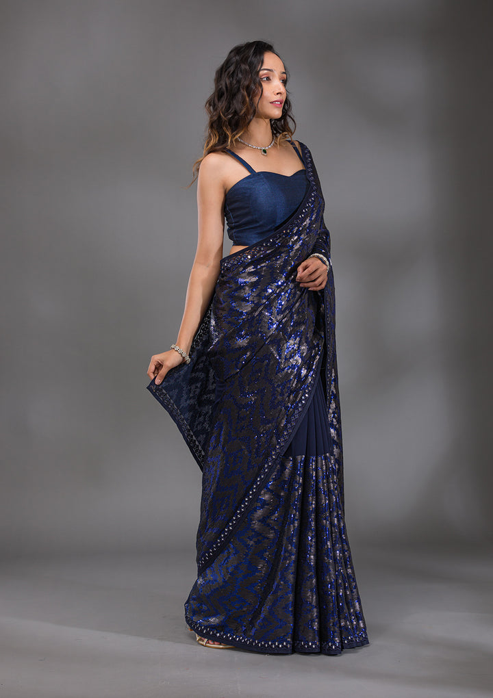 Navy Blue Georgette Sequins Saree With Matching Blouse Piece