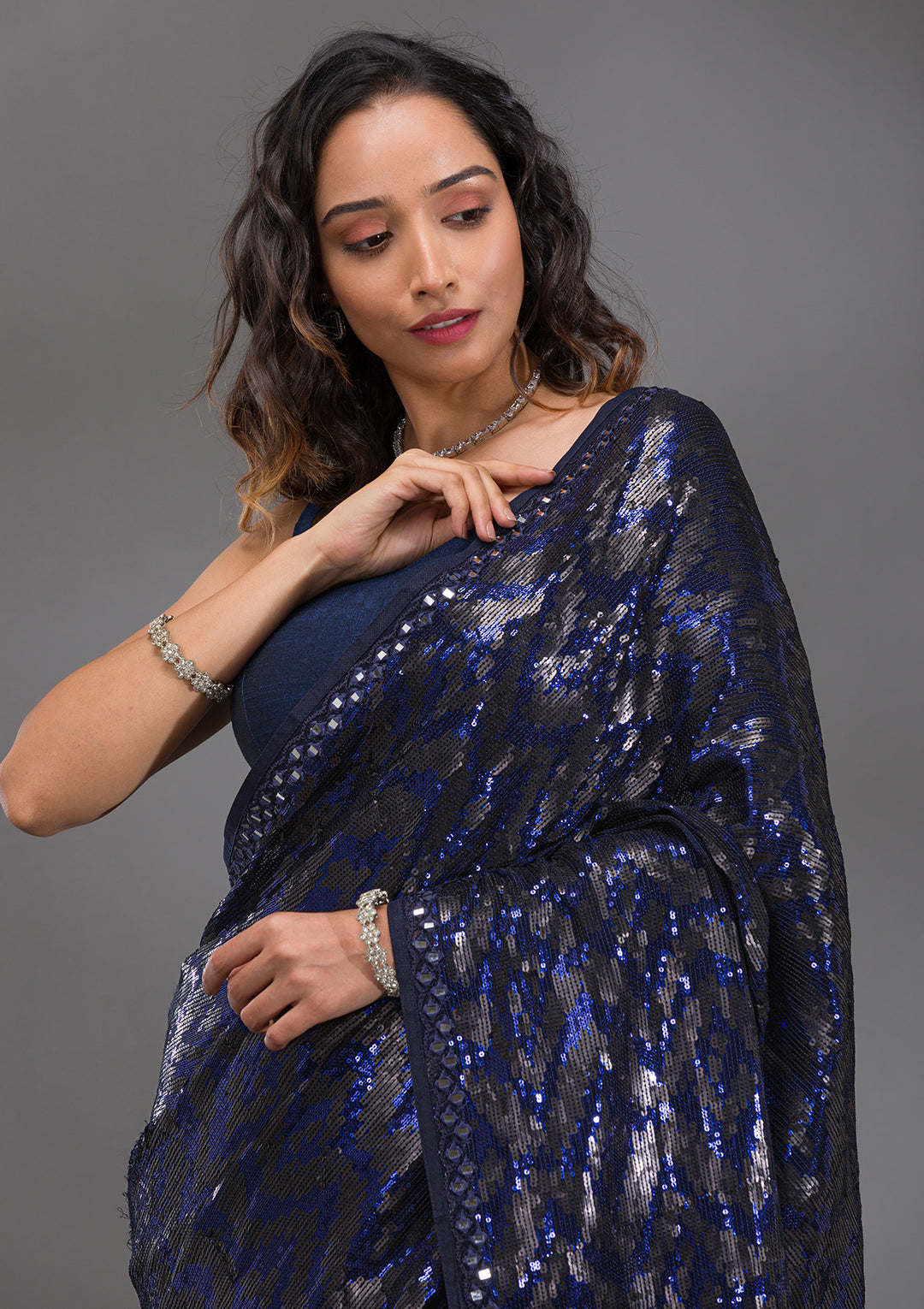 Navy Blue Georgette Sequins Saree With Matching Blouse Piece