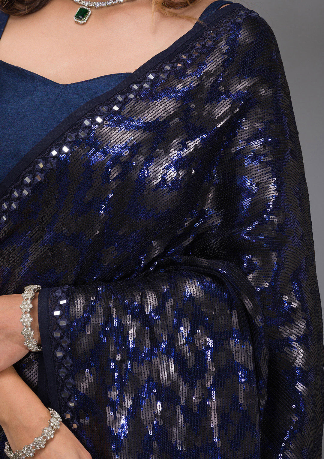 Navy Blue Georgette Sequins Saree With Matching Blouse Piece