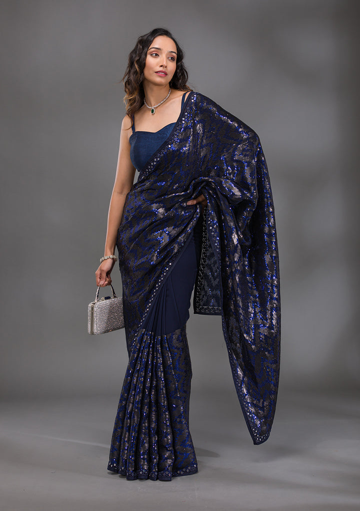 Navy Blue Georgette Sequins Saree With Matching Blouse Piece