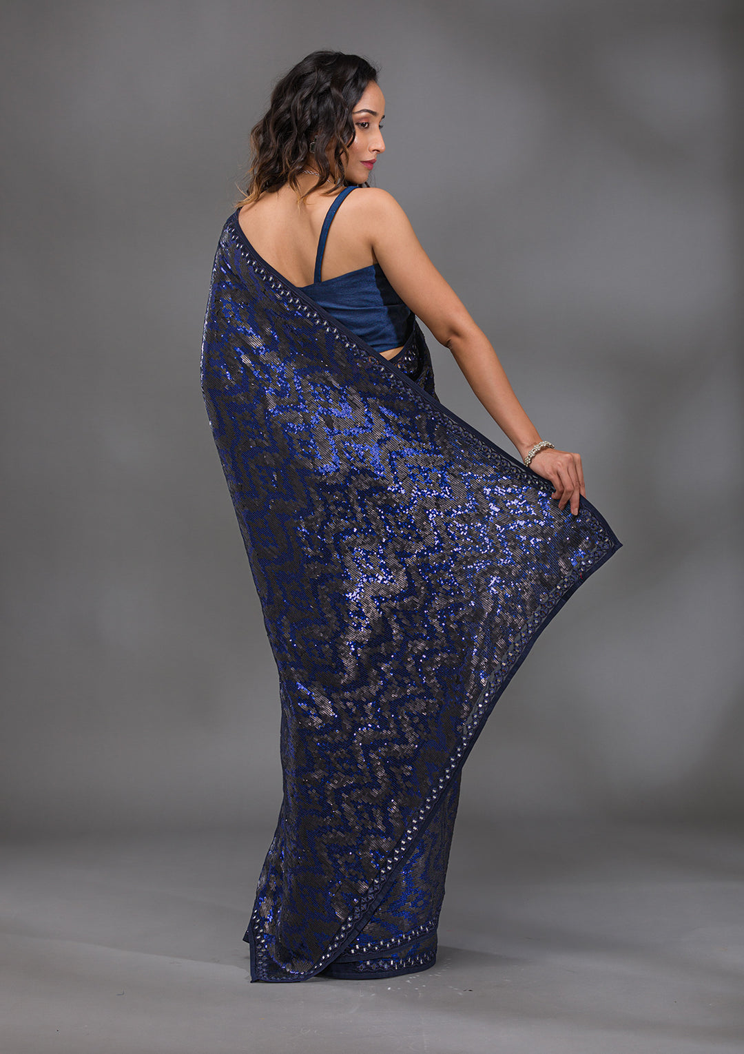Navy Blue Georgette Sequins Saree With Matching Blouse Piece