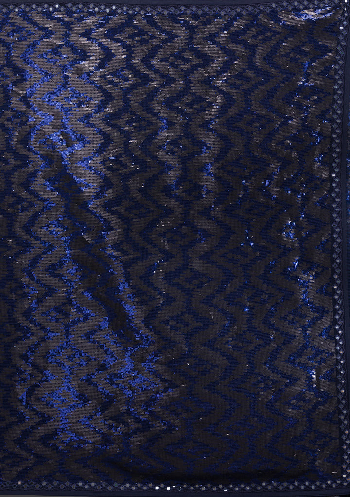 Navy Blue Georgette Sequins Saree With Matching Blouse Piece