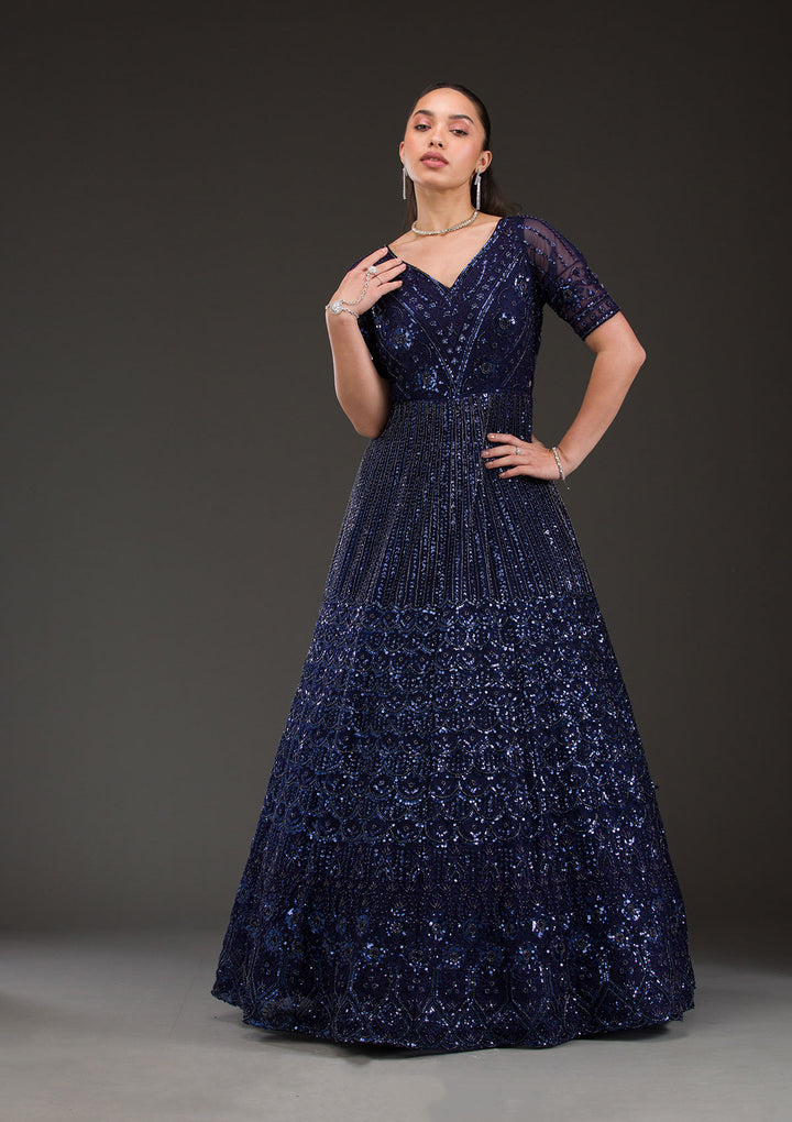 Navy Blue Sequins Net Gown