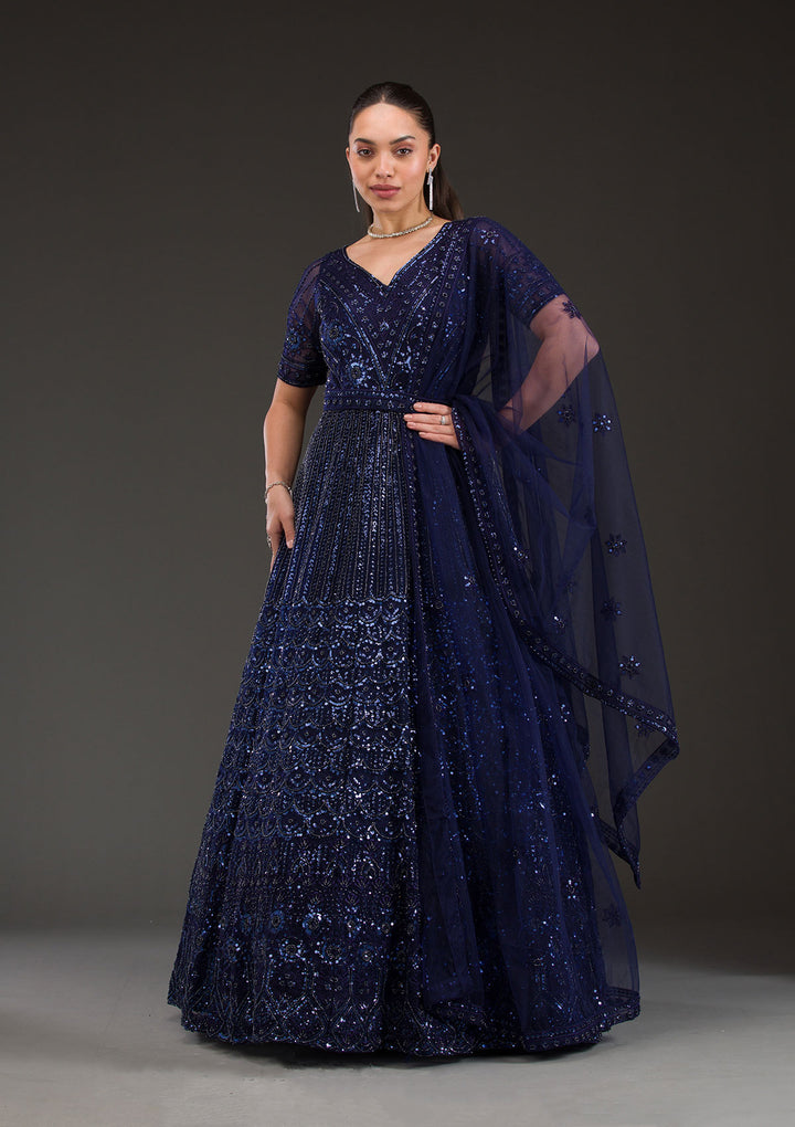 Navy Blue Sequins Net Gown