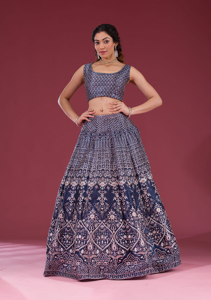 Navy Blue Silver Stonework Raw Silk Readymade Lehenga