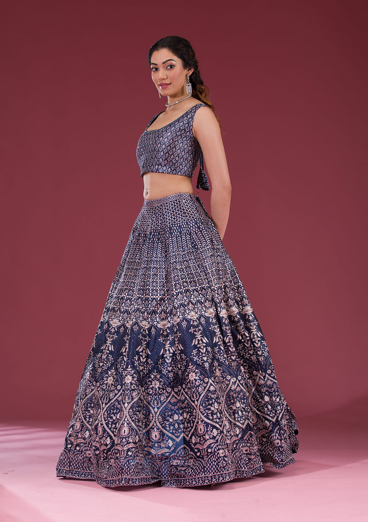 Navy Blue Silver Stonework Raw Silk Readymade Lehenga