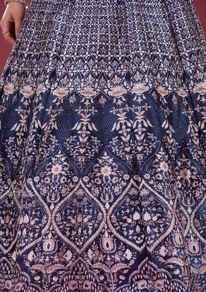 Navy Blue Silver Stonework Raw Silk Readymade Lehenga